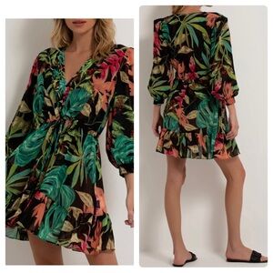 Patbo Tropicalia Short Sheer Coverup Dress Shoulder Pads Tropical Leaf